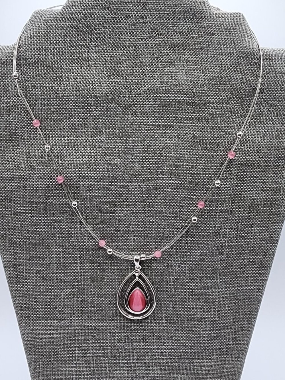 LIA SOPHIA COTTON CANDY Silver Pink Teardrop Floating Bead Signed Necklace